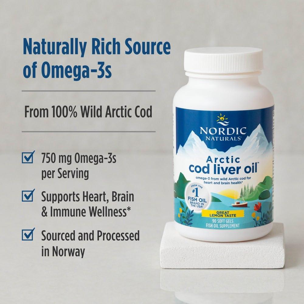 Nordic Naturals Nordic Naturals Arctic Cod Liver Oil, Lemon - 90 Soft Gels - 750 mg Total Omega-3s with EPA & DHA - Heart & Brain Health, Healthy Immunity, Overall Wellness - Non-GMO - 30 Servings