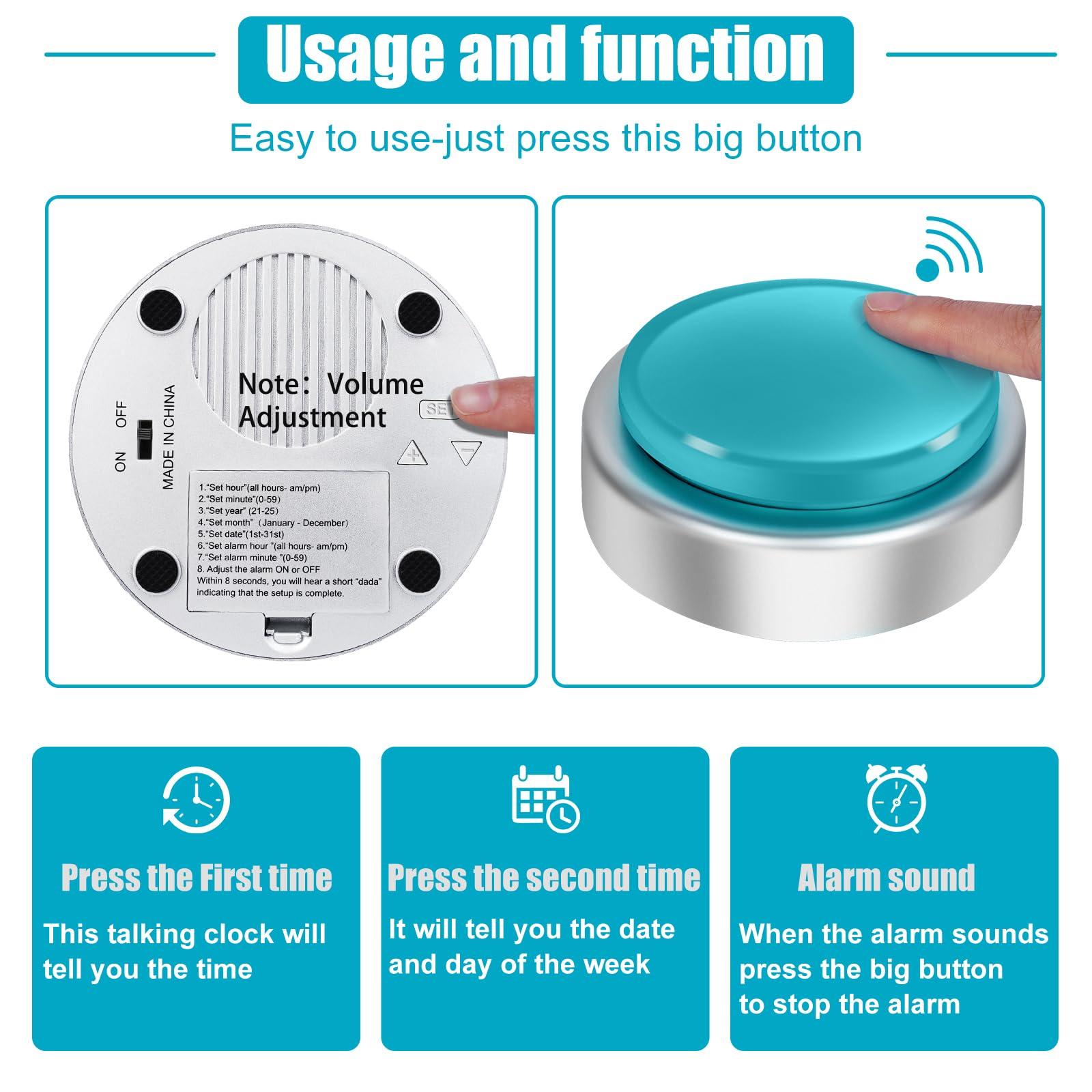 BATVOX BATVOX Large Talking Button Clock, Talking Alarm Clock with Volume Control, Telling Time and Day of The Week, Alarm, Gift Clock for Mother,Father,Seniors,Elderly,Blind People (Silver&Blue)