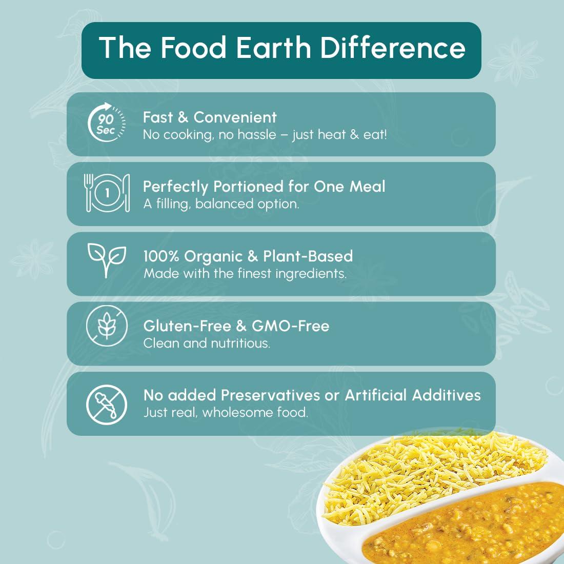 Food Earth Food Earth Ready to Eat Indian Cuisine - Five Lentil Curry with Turmeric Rice - Microwavable, Pre-packaged & Lunchable- Organic, Vegan, Gluten-Free, GMO-Free, Plant-Based - 10.58 oz each - Pack of 6