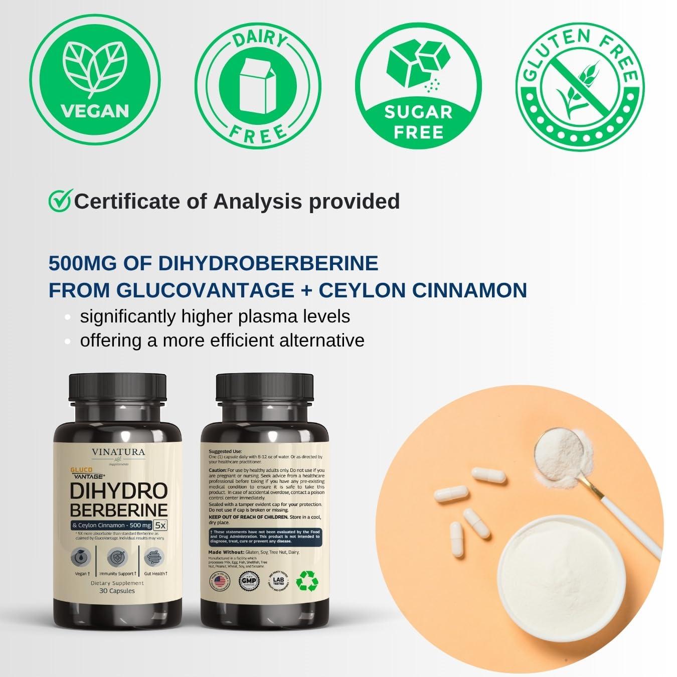 VINATURA VINATURA Dihydroberberine Supplement 500mg with Ceylon Cinnamon - (Patented GlucoVantage Super Berberine), Maybe Berberine 5X More absorbable - 30 Capsules