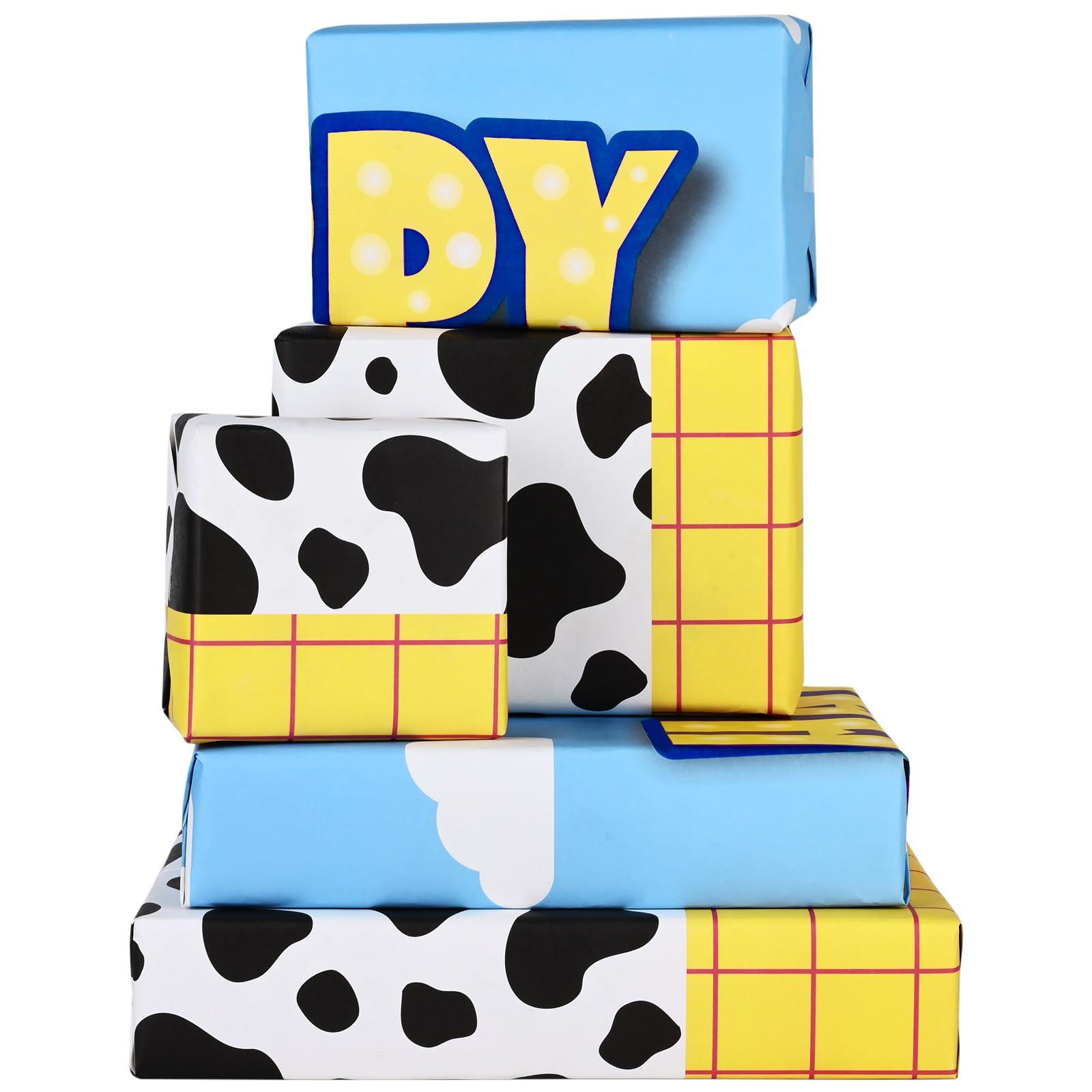 Bolsome Bolsome 12 Sheets Cartoon Story Birthday Wrapping Paper Blue Sky White Clouds Cow Printed Gift Wrap Paper for Kids for Baby Shower Cartoon Themed Party DIY Craft, 19.7 27.5 Inches, Folded Flat