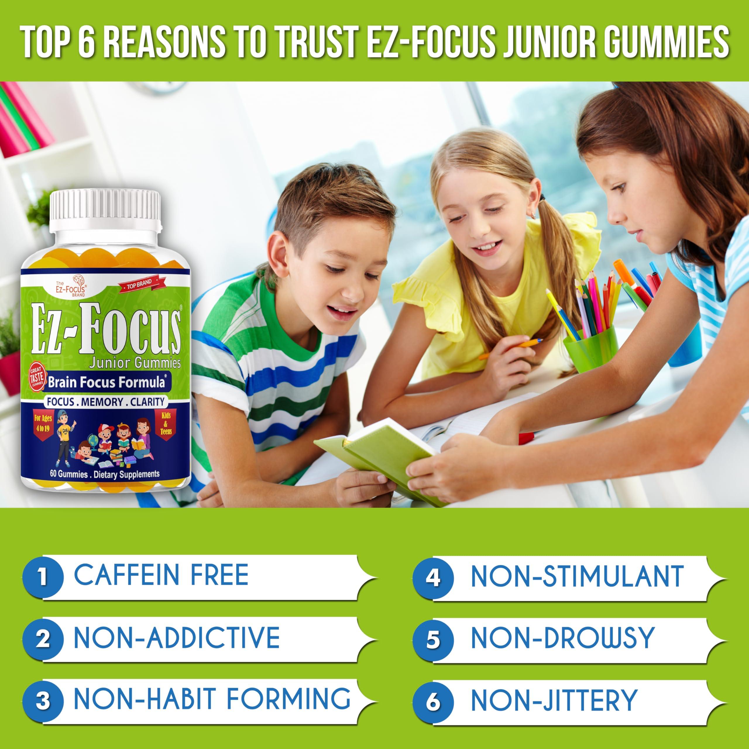 Ez-Focus Ez-Focus Junior Brain Vitamins & Memory Supplements for Kids & Teens, Focus Supplements, Support Memory, Attention, Focus & Clarity, Tasty 60 Chewable Gummies