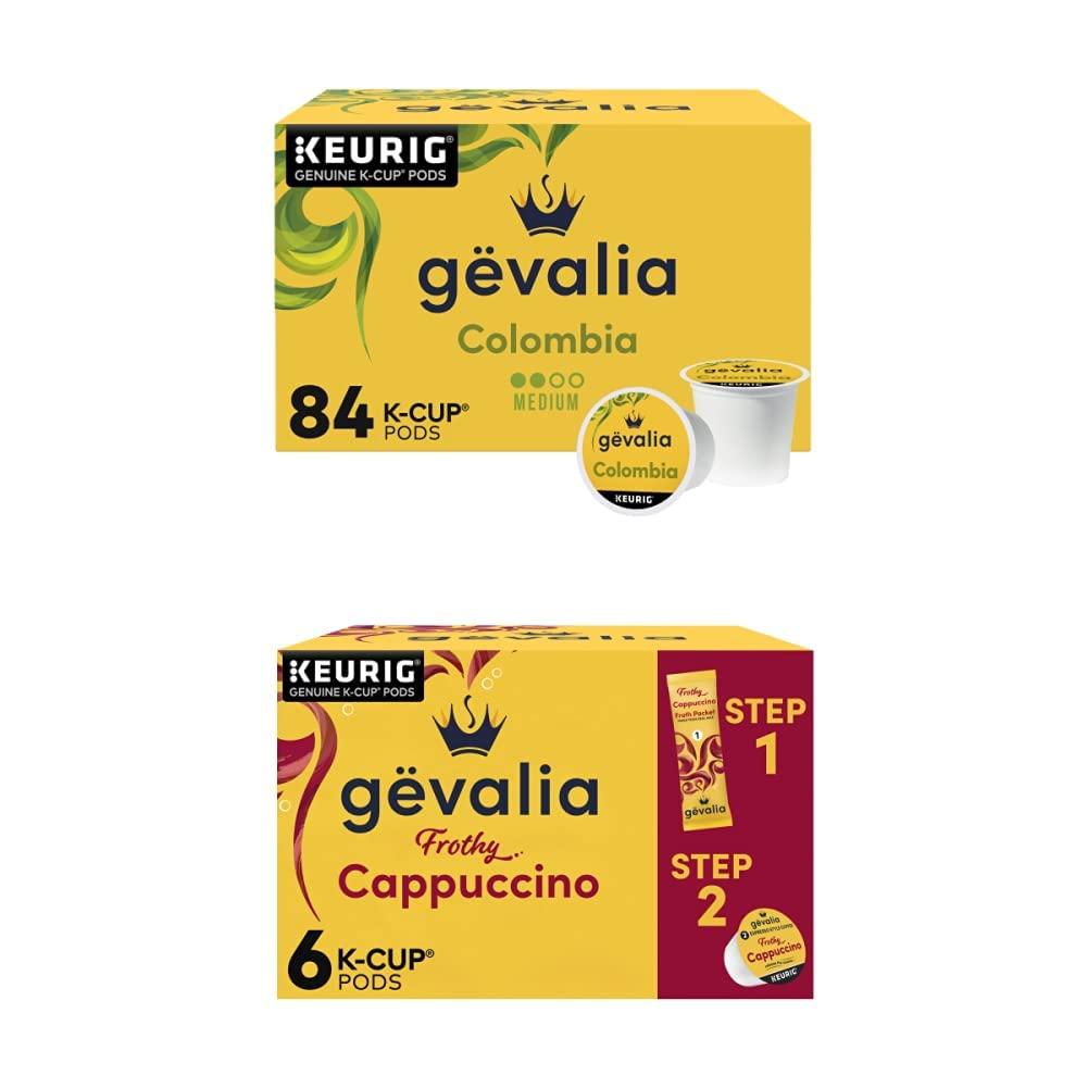 Gevalia Gevalia Colombia Blend Medium Roast K-Cup Coffee Pods (84 Pods) with Gevalia Cappuccino K-Cup Coffee Pods with Froth Packets (6 Pods and Froth Packets)