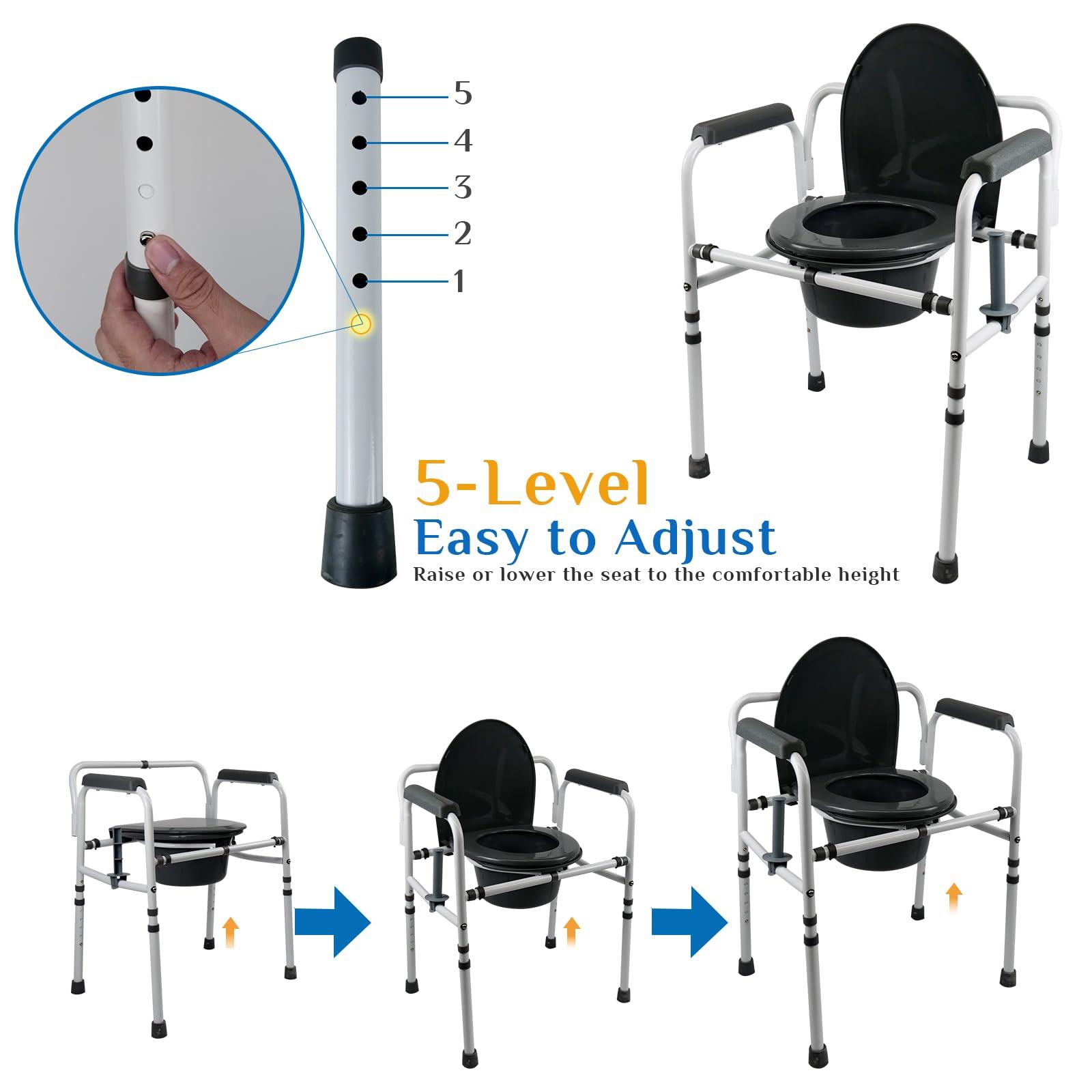 JumboTIGER 3-in-1 Steel Adjustable Bedside Commode,Portable Toilet for Adults 8 Quart,300 lb Weight Capacity Portable Potty,Toilet Seat with Safety Frame, Easy Cleaning, Tool-Free Assembly, Padded Arms,Gray