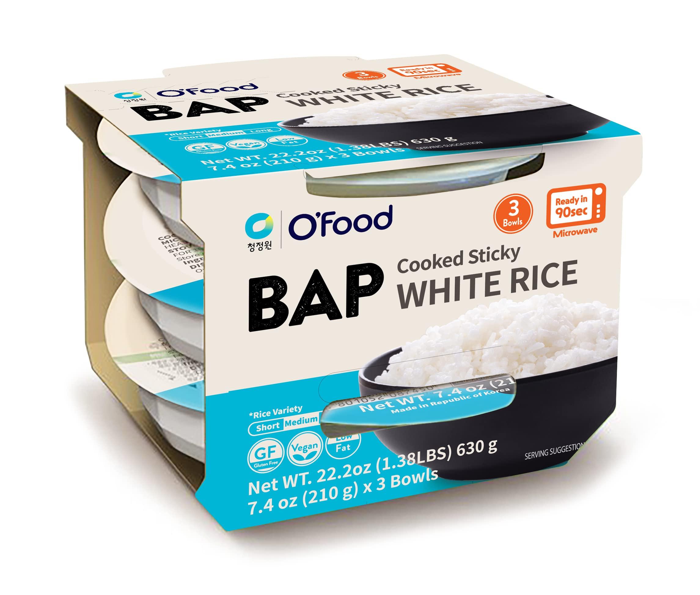 C O'Food O\'Food BAP Instant Rice (Pack of 3), Korean Cooked White Rice, Microwavable, Gluten-Free Sticky Rice Bowl, Asian Rice, Pantry Staple, Microwave Safe, Perfect with Kimchi, Noodles, Soup
