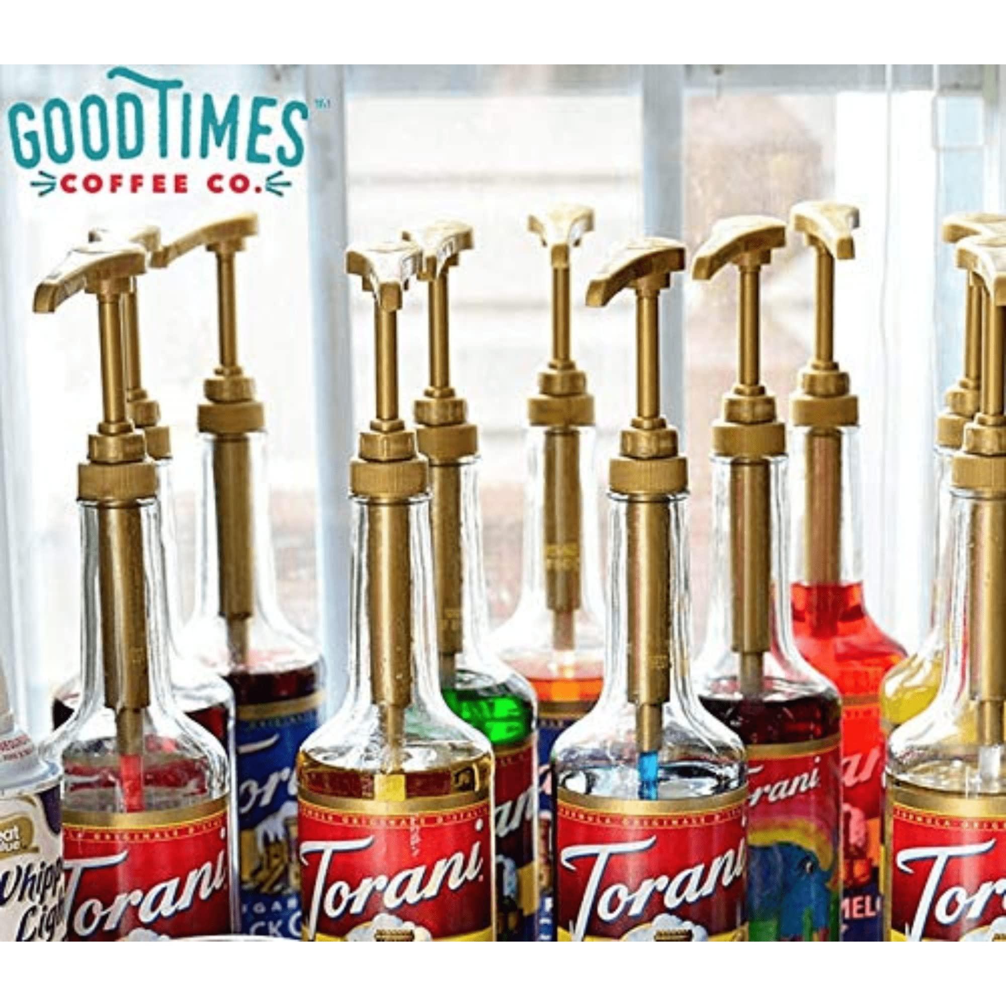 Good Times Coffee Co. Gold Coffee Syrup Pump for 750 ml Bottles (Pack of 4) Fits Upouria, Torani, Davinci, Jordans Skinny Syrups, and (Monin 1 Liter Plastic Bottles Only)