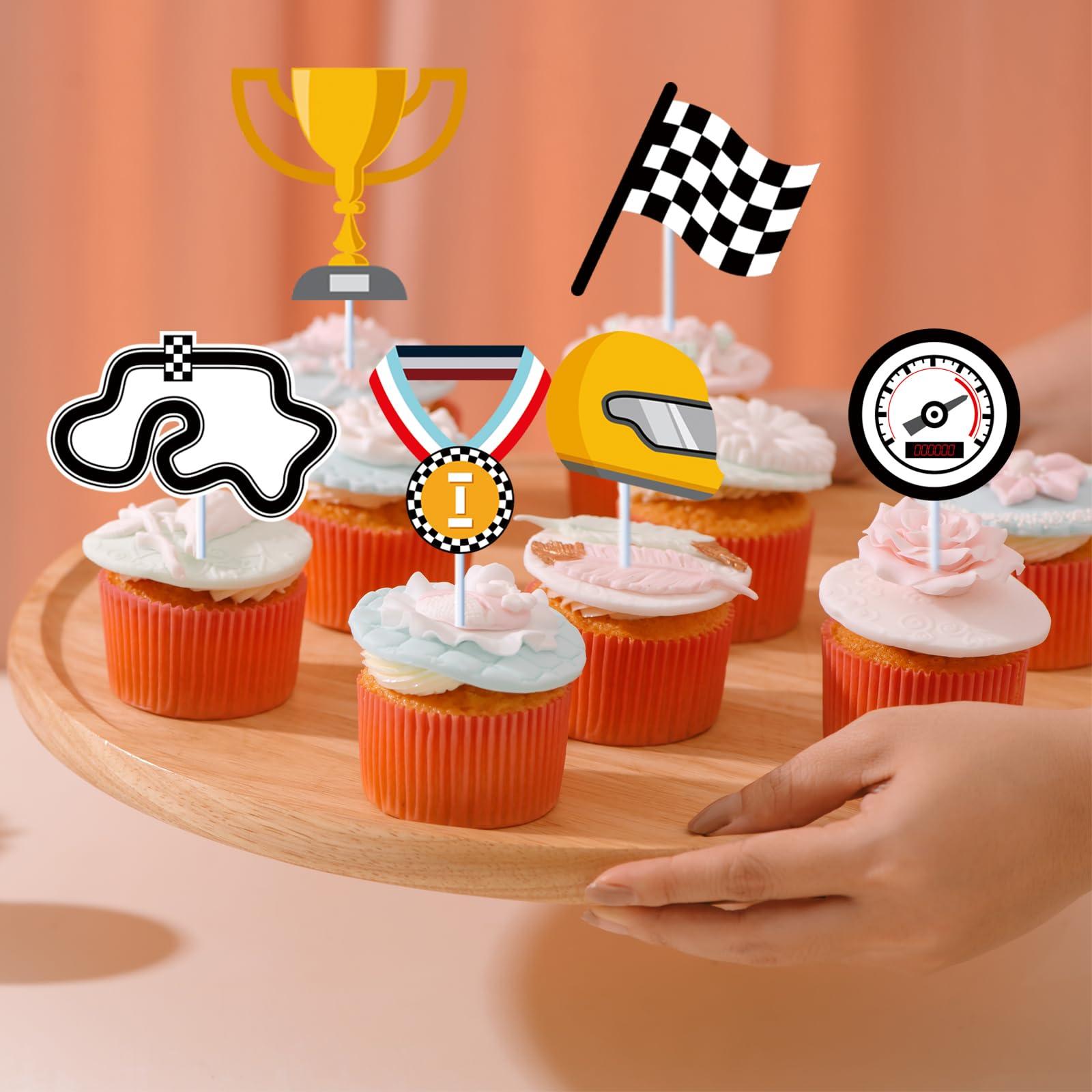 HYYHXFS 36Pcs Racing Car Cupcake Toppers Racing Car Happy Birthday Cake Party Decorations Checkered Track Trophy Two Fast Fast One Cupcake Picks Kids Boy Girl Birthday Party Supplies