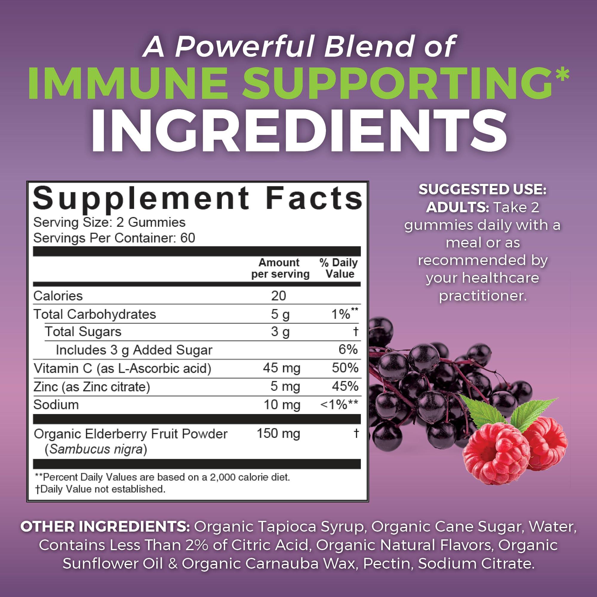 Viva Naturals Organic Sambucus Elderberry Gummies with Zinc and Vitamin C (120 Count) - 3 in 1 Black Elderberry Gummies for Adults Immune Support, Chewable Elderberry Supplements, Immunity Gummies