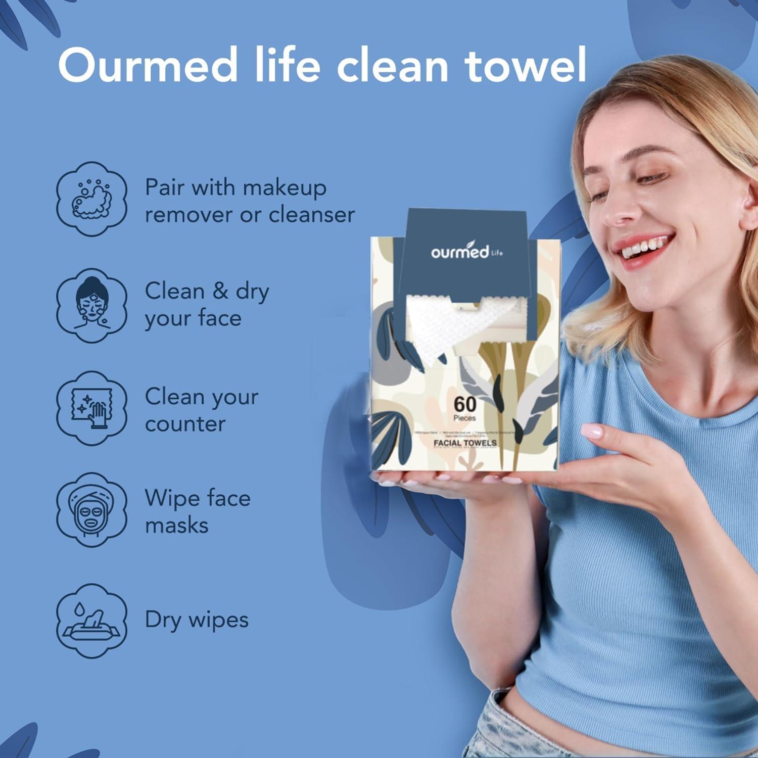 ourmed life Ourmed Life Disposable Face Towel | Lint-Free Biodegradable Towels | Dry Makeup Remover Clean Wipes | Super Soft & Thick for Sensitive Skin | 10-Inch X 7.87-Inch | 60 Count