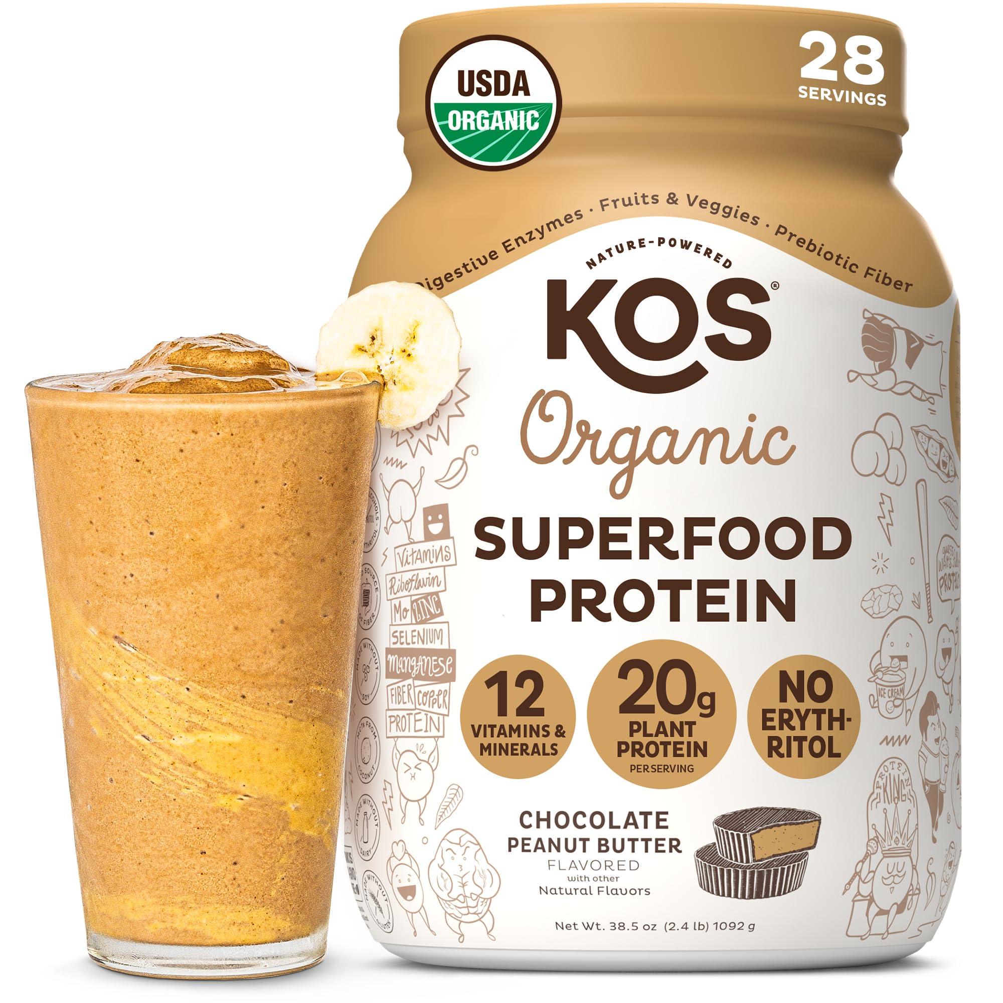 KOS KOS Organic Plant Based Protein Powder, Chocolate Peanut Butter - Delicious Vegan Protein Powder Meal Replacement - Keto Friendly, Gluten Free, Dairy Free & Soy Free - 2.4 lbs, 28 Servings