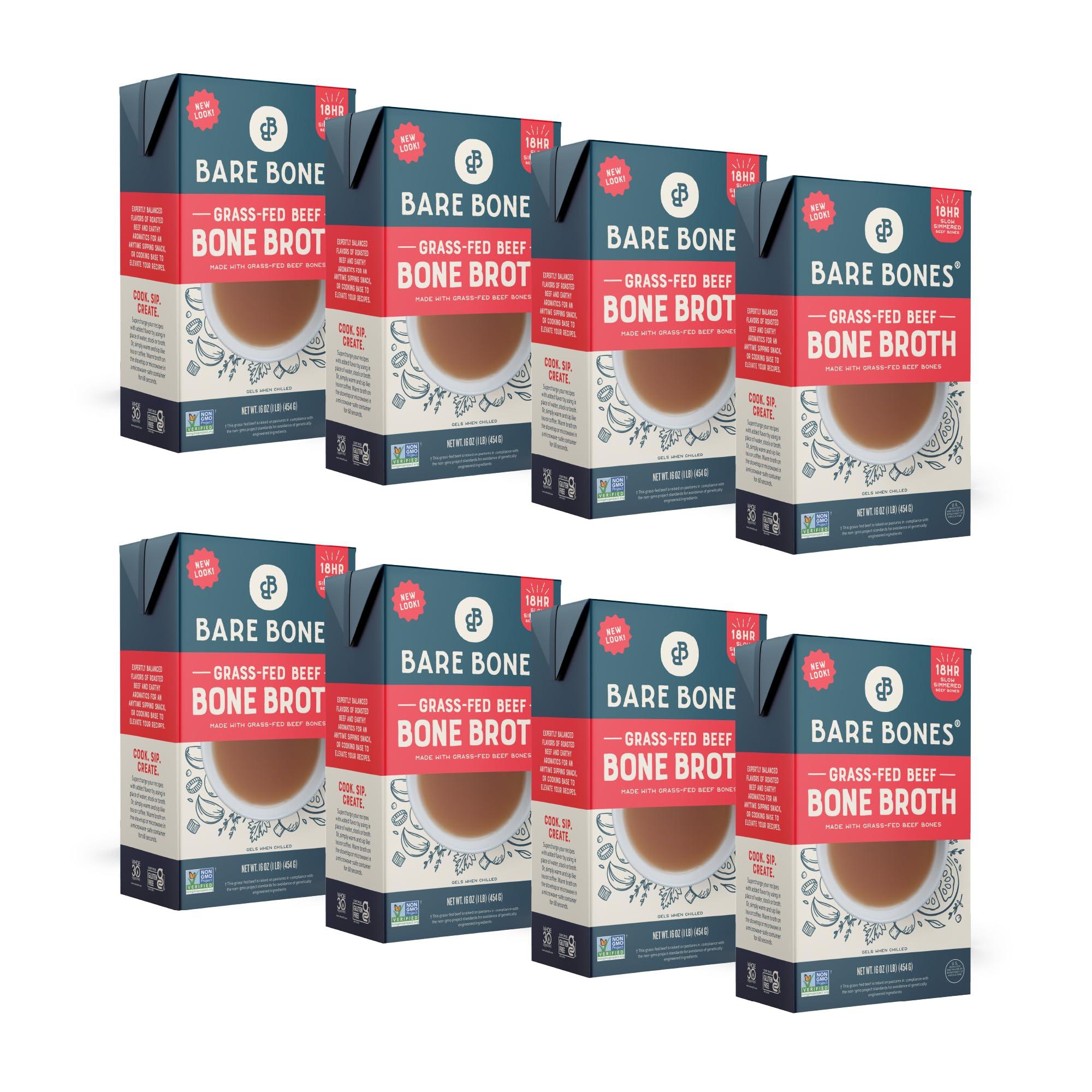 Bare Bones Bare Bones Grass-Fed Beef Bone Broth | Pour w/Pasture Raised Protein & Collagen for Cooking & Sipping | No Artificial Flavors Non-GMO Gluten & Dairy-Free Keto & Paleo Friendly | 16oz Carton | 8 Pack