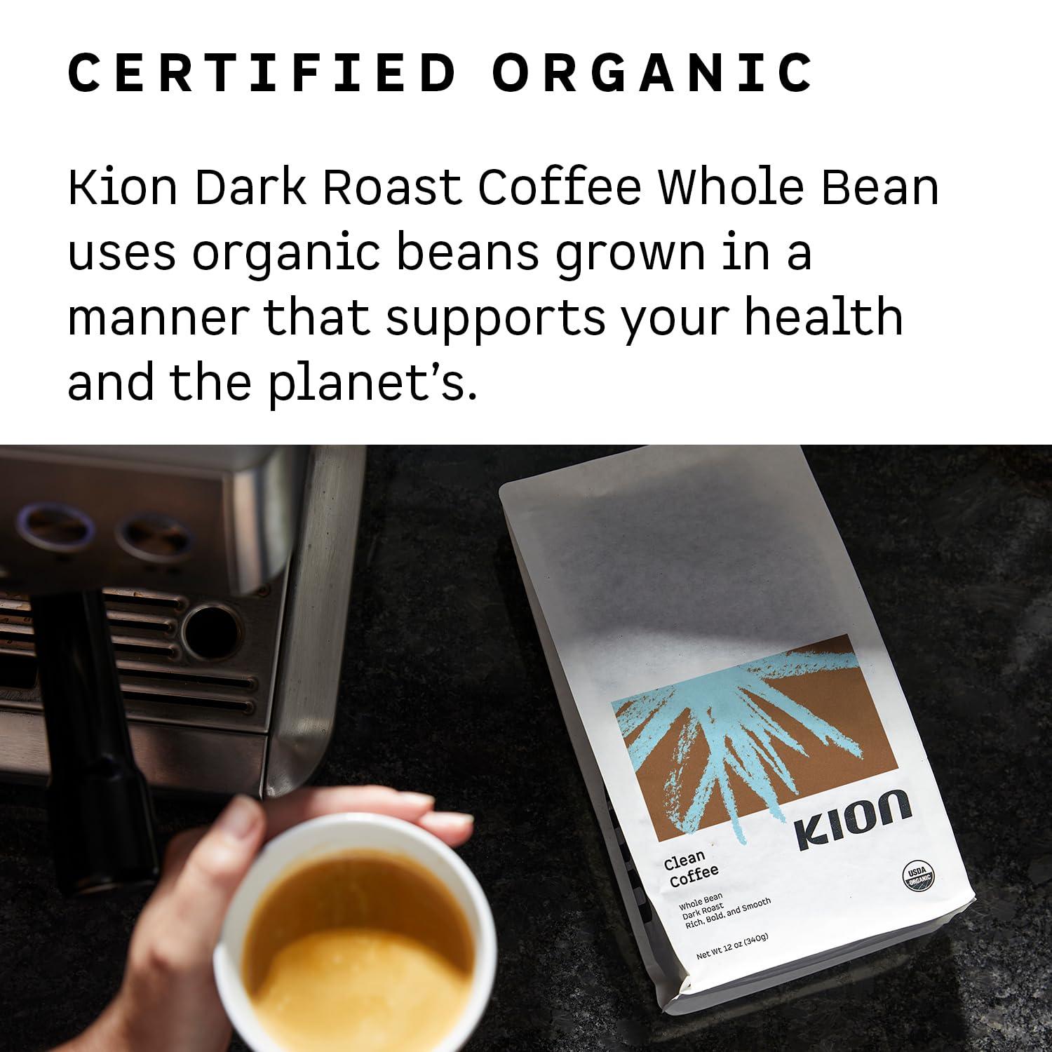Kion Kion Organic Coffee | Tested for Toxins | Roasted to Maximize Health and Taste | Whole Bean Dark Roast 12 Oz