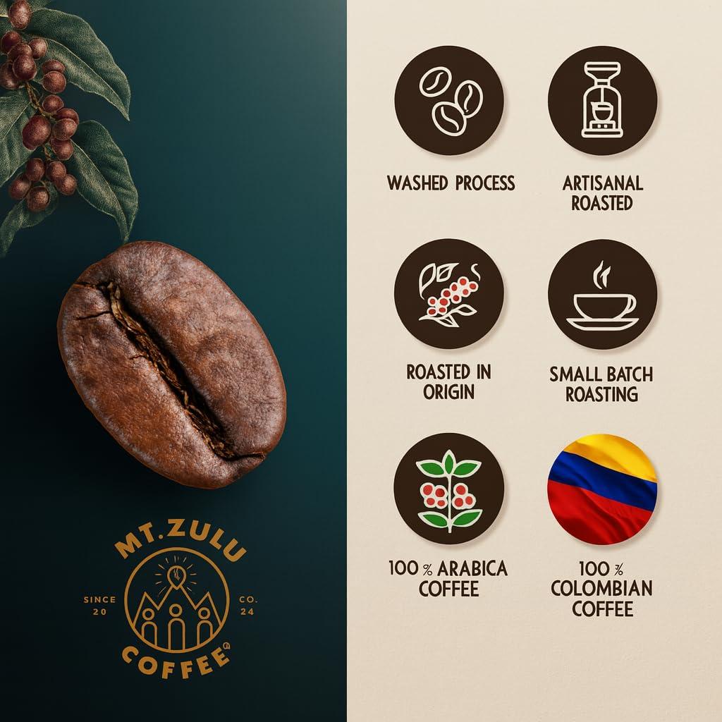 MT. ZULU COFFEE Mt. Zulu Colombian Supremo Ground Coffee, Medium Roast, Gourmet 83.5 Cupping Score, Hand-Roasted at Origin, 100% Arabica, Balanced Cup, 12 oz Bag