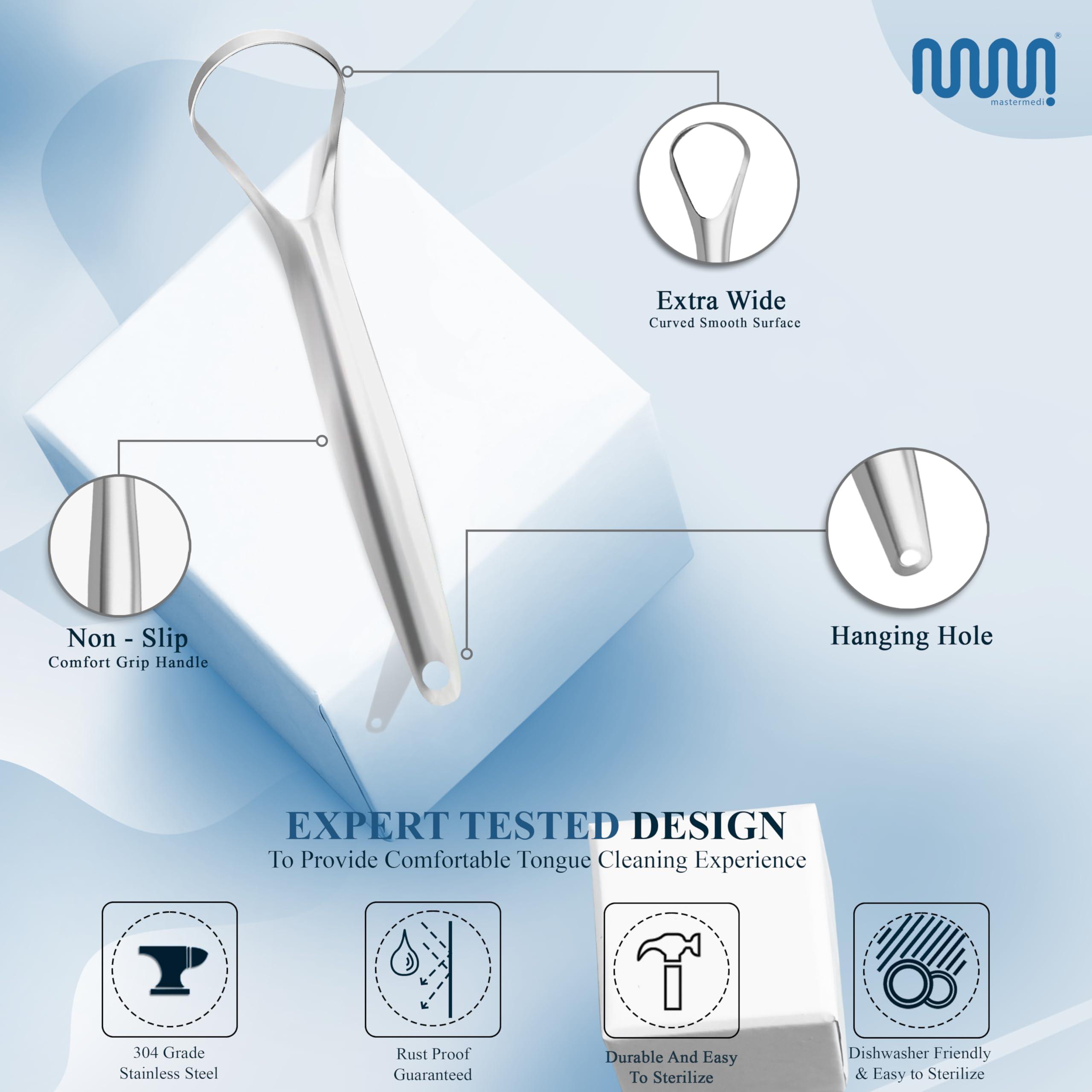 mastermedi MasterMedi Tongue Scraper for Adults, 100% Stainless Steel for Bad Breath, Easy to Use, Tongue Cleaner for Oral Care (Pack of 3 with Case), White