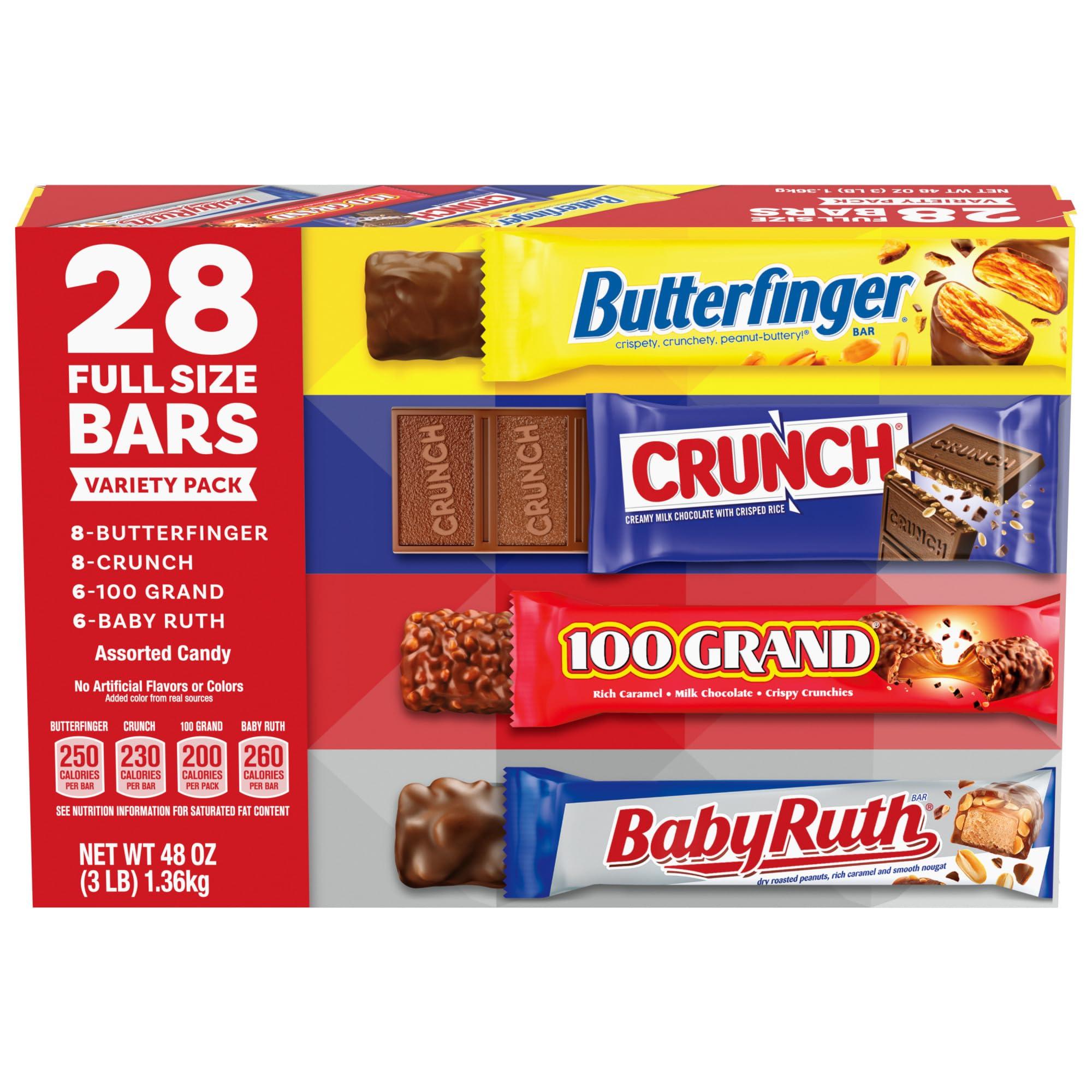 Butterfinger Butterfinger, CRUNCH, Baby Ruth and 100 Grand, Bulk 28 Pack, Assorted Full Size Chocolate Candy Bars, Stocking Stuffers, 48 oz