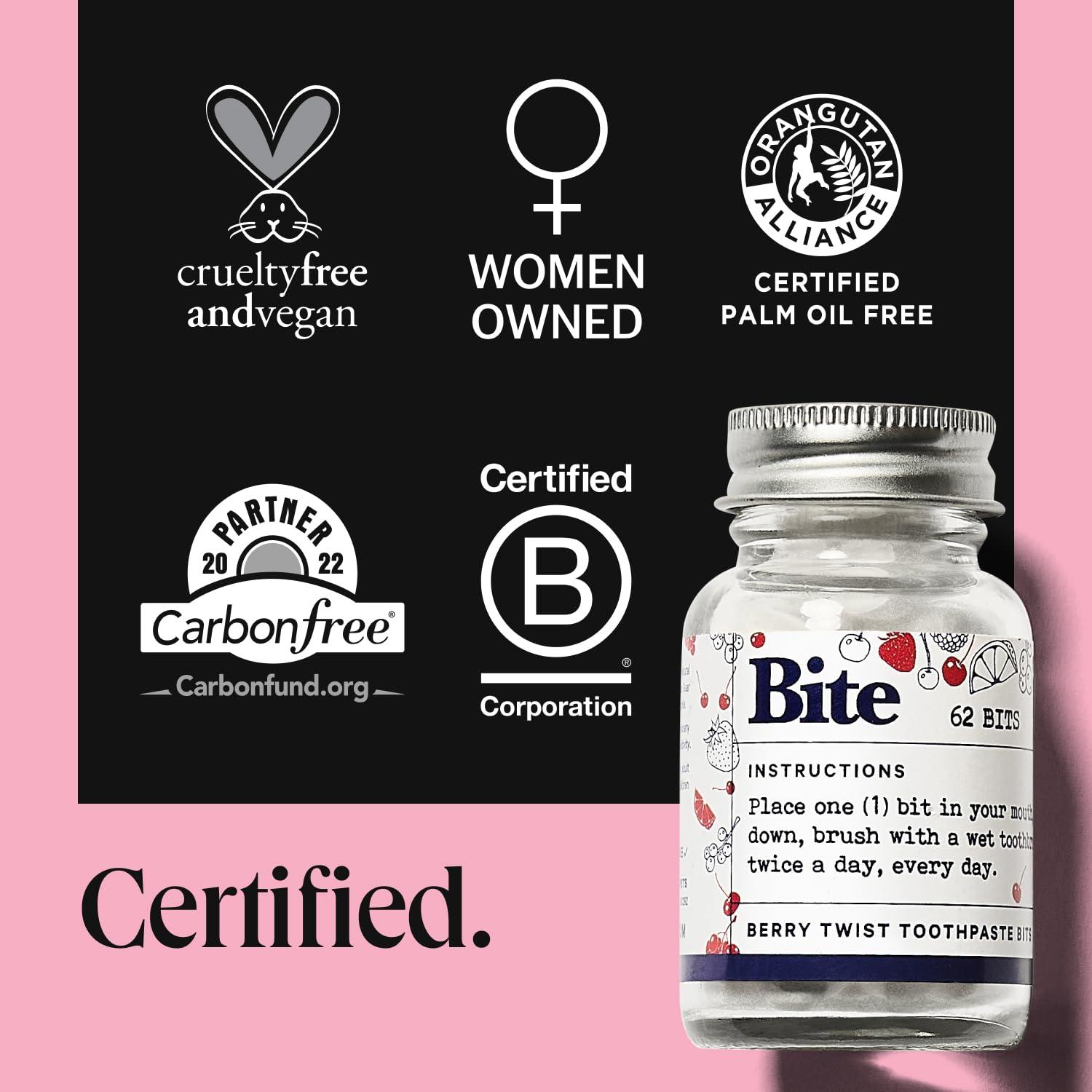 Bite Bite Whitening Toothpaste Tablets Nano Hydroxyapatite & Xylitol (Berry Twist) | Sensitive Teeth & Kid-Friendly | No Fluoride, Vegan, Cruelty-Free | Travel-Size | 2 Bottles (124 Bits) | Made in USA