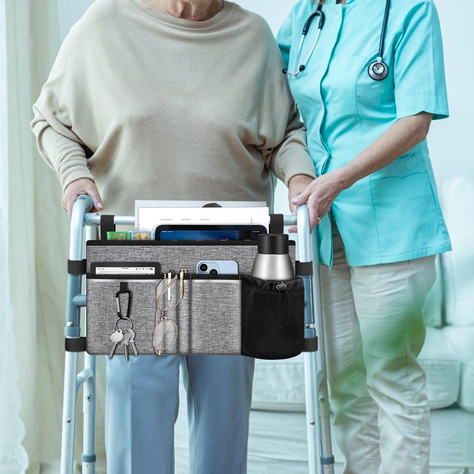 FINPAC FINPAC Large Walker Tote Bag with Cup Holder, Folding Walker Attachment Hands-Free Storage Basket Mobility Aid Accessory Pouch for Elderly, Senior, Gray