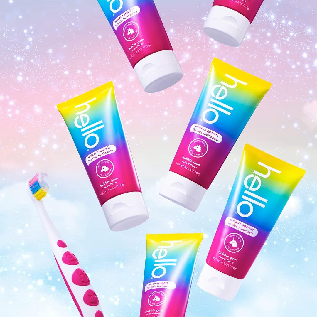 hello hello Variety (Unicorn, Strawberry, Dragon) Kids Toothpaste Bundle with hello Vitamin C Whitening Adult Toothpaste, Fluoride, 4.2 and 4 Ounce