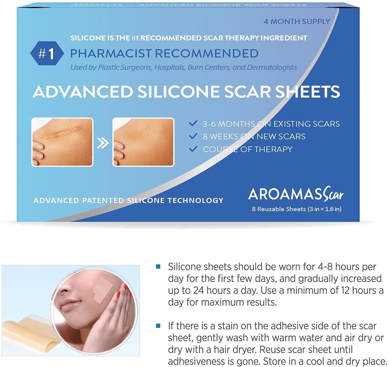 Aroamas Scar Aroamas Scar Silicone Scar Tape Softens & Flattens Scars from Surgery, Injury, Burns, C-Section, Scratch Marks  Reusable Medical-Grade Silicone Scar Sheets for All Skin Types [3\"x1.57\", 8 Sheets]
