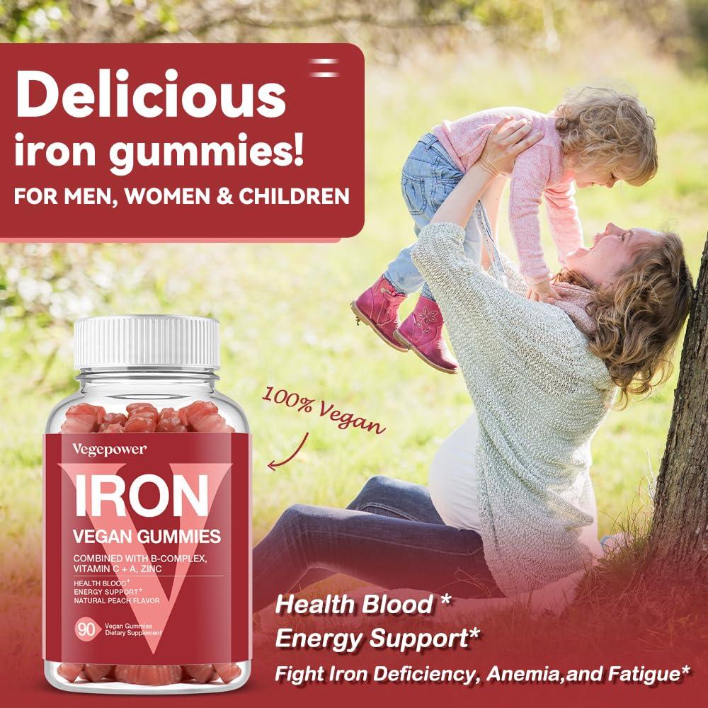 VEGEPOWER Iron Gummies Supplements for Women & Kids - Multivitamin with Iron for Blood Oxygen, Great Tasting Iron Gummy Vitamins with Vitamin C for Max Absorption - Vegan Iron Chewable, Peach Flavor(3 Packs)
