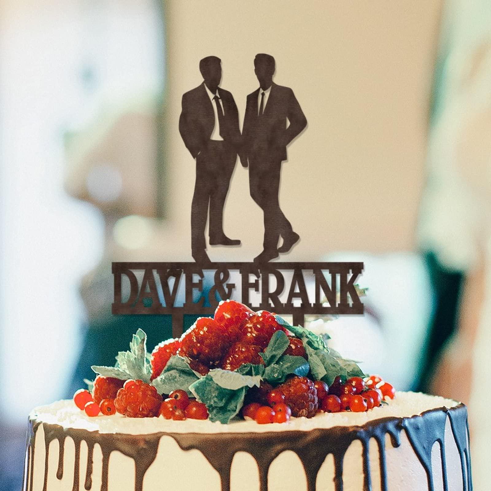 BYRON HOYLE Gay Marriage Silhouette Cake Topper Gay Same Sex LGBT Wedding Cake Toppers Mr & Mr Cake Topper for Wedding His And His Custom Wedding Party Topper LGBT Wood Brown Topper Cake Topper