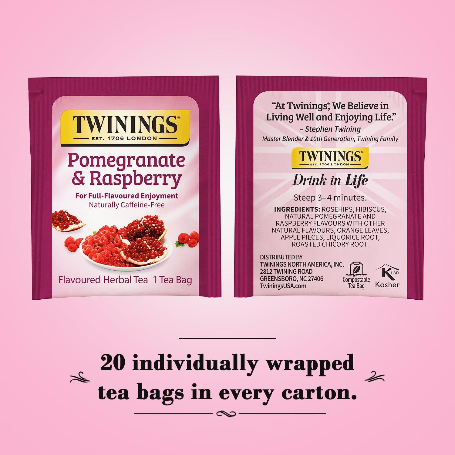 Twinings Twinings Pomegranate & Raspberry Tea - Naturally Caffeine-Free Herbal Tea Bags Individually Wrapped, 20 Count