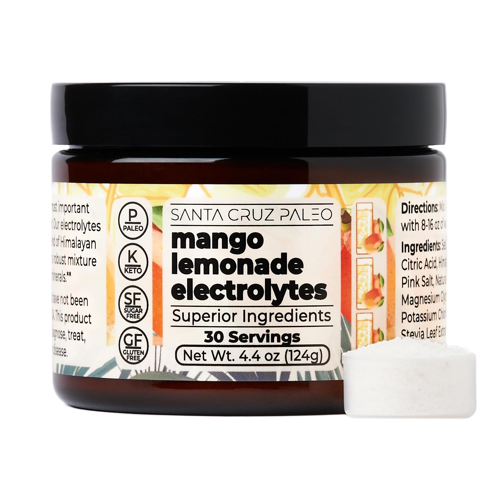 Santa Cruz Paleo Santa Cruz Paleo Real Salt Electrolytes Powder, Mango Lemonade, Hydration Drink Mix Made with Himalayan Pink Salt, Sea Salt, Gluten Free, Keto, Sugar Free, Paleo, 30 Servings, 1 Jar