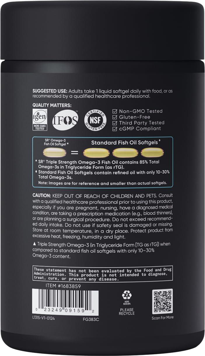 Sports Research Sports Research Triple Strength Omega 3 Fish Oil - Burpless Fish Oil Supplement w/EPA & DHA Fatty Acids from Wild Caught Fish - Heart, Brain & Immune Support for Men & Women - 1250 mg, 150 ct