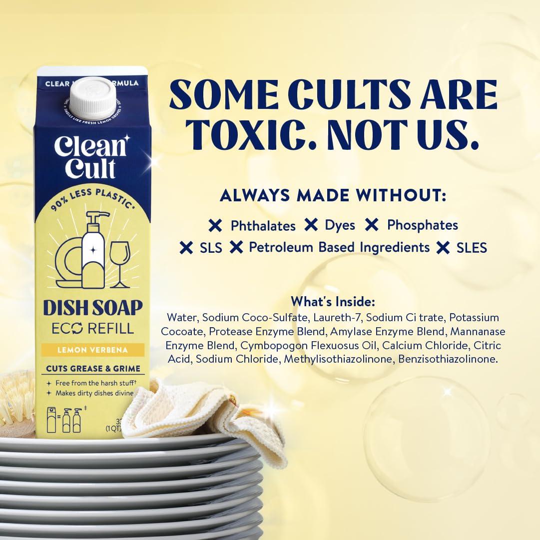 Cleancult Cleancult Dish Soap Liquid Refill (32oz, 1 Pack) - Plant Based Cleaning Power - Dish Soap that Cuts Grease & Grime - Free of Harsh Chemicals - Uses 90% Less Plastic - Lemon Verbena