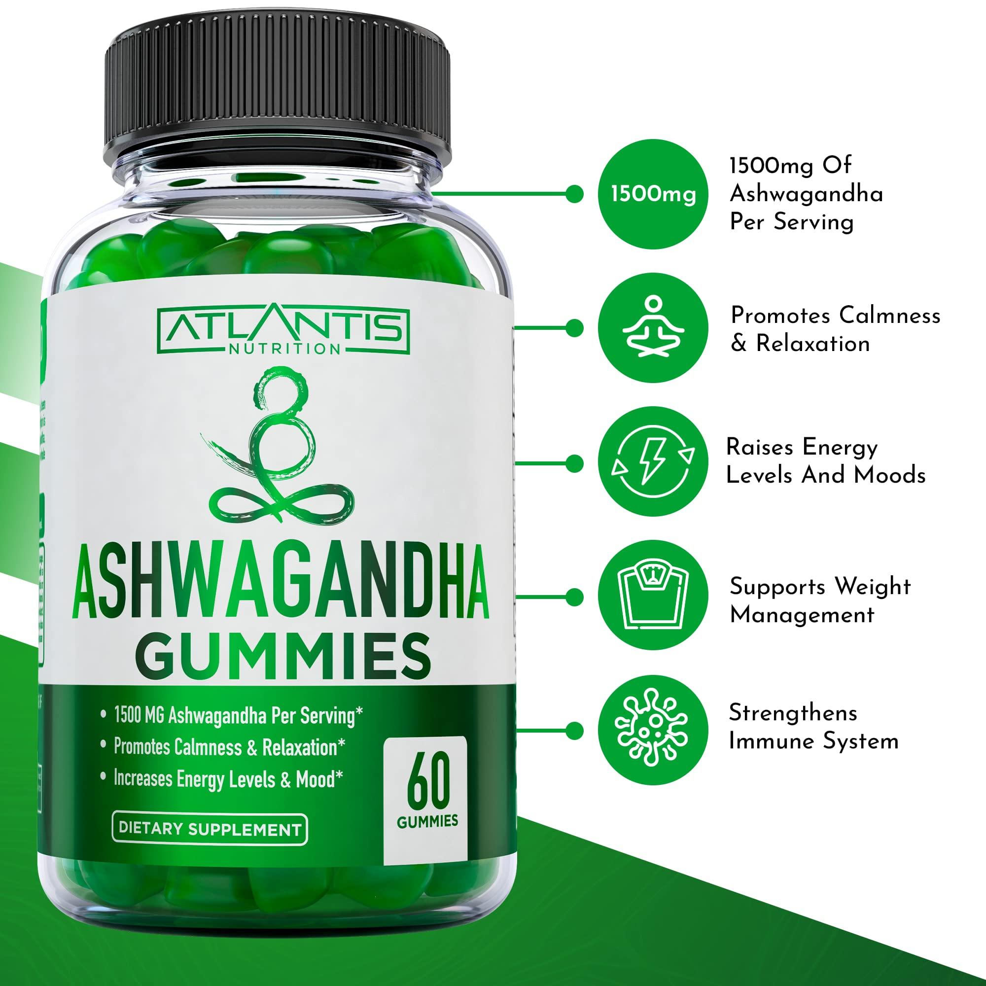 Atlantis Nutrition Ashwagandha & Magnesium Gummies for Improved Sleep & Strengthened Body Functions. Ashwagandha Boosts Mood & Energy - Magnesium Helps Recover Muscles & Relieves Cramps - Vegan