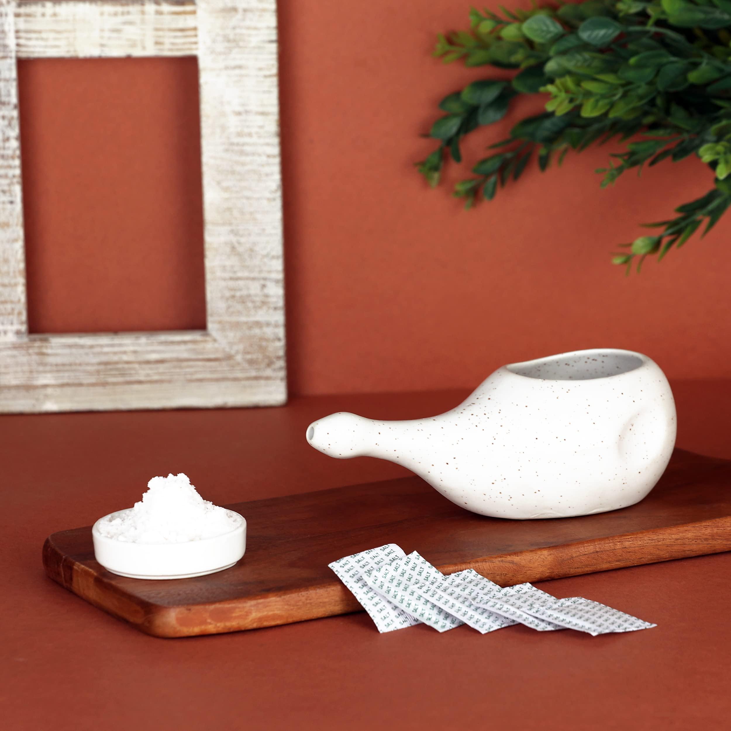 HealthGoodsIn HealthGoodsIn Ceramic Neti Pot, Dishwasher Safe, Conical Tip for Nasal Cleansing + 5 Sachet Neti Salt, Without Handle (Matte Ivory)