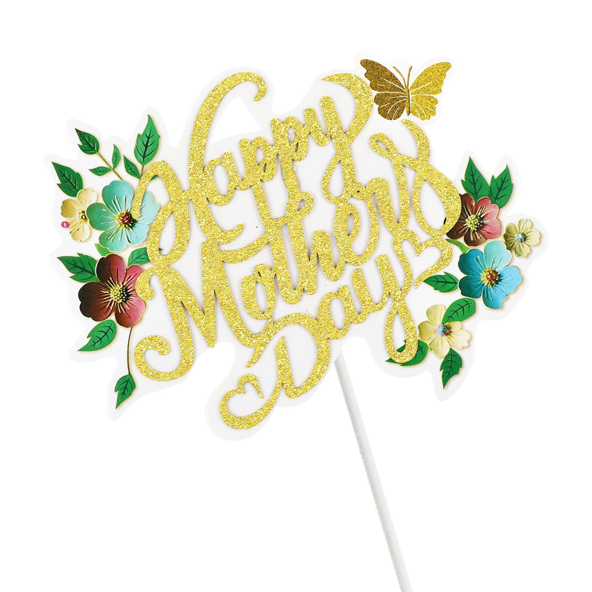 Giga Gud Happy Mother\'s Day Cake Topper Mom Letter Cake topper Gold Glitter Cake topper Decorative Party Cake Decoration for Mother\'s Day(Rose Gold-Gold-mom) (red gold)