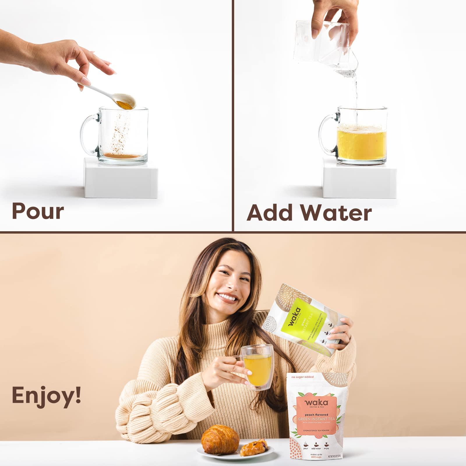 Waka Coffee Waka Instant Tea Mix, 2 Bag Bundle - 100% Tea Leaves, No Additives, Unsweetened Tea Powders - Classic & Peach Flavored Green (4.5oz Each)