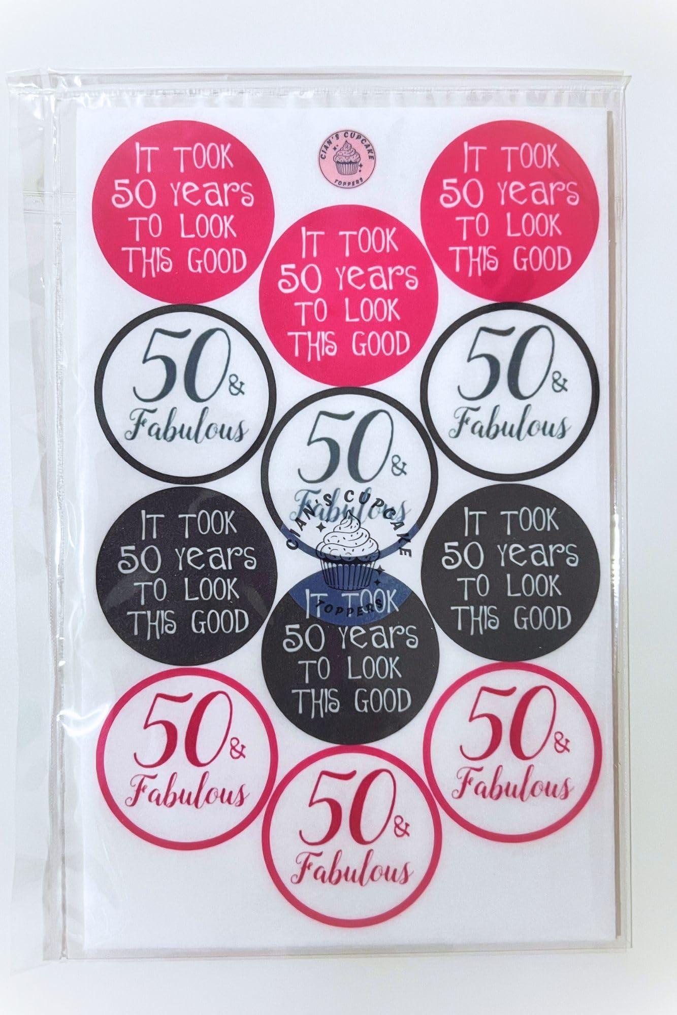 Cian's Cupcake Toppers Ltd 50th Birthday Edible Cupcake Toppers, Pink 50 & Fabulous Cake Decorations - 24 x 1.5 Inch 4cm Uncut