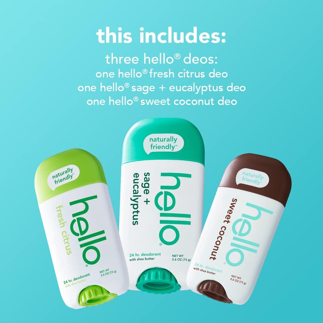 hello Hello Naturally Whitening Fluoride Toothpaste, Natural Peppermint Flavor and Tea Tree Oil & Deodorant Variety Pack (Sweet Coconut, Fresh Citrus, White Sage) for Women + Men
