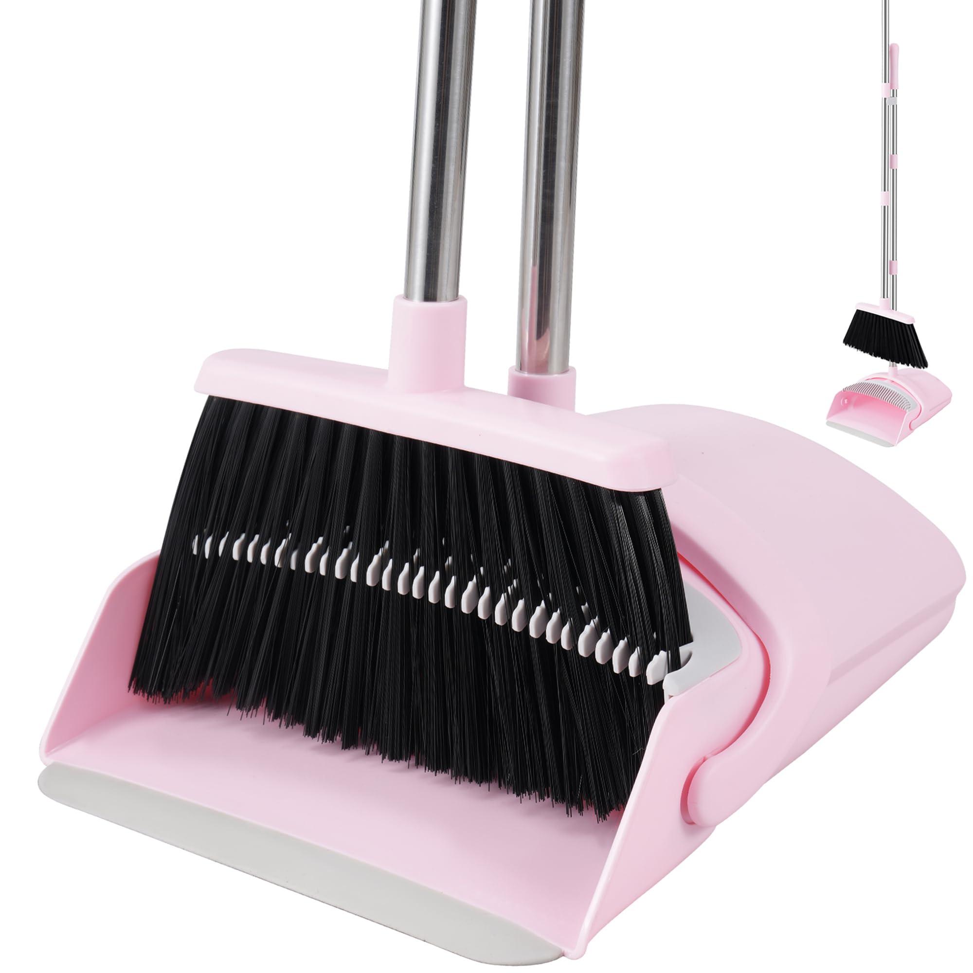 BSKLIN BSKLIN Broom and Dustpan Set, Outdoor Broom with Dustpan Combo Set for Sweeping Indoor Collapsible Broom Set for Home Office Kitchen Lobby Floor Pet Hair (Small-Pink)