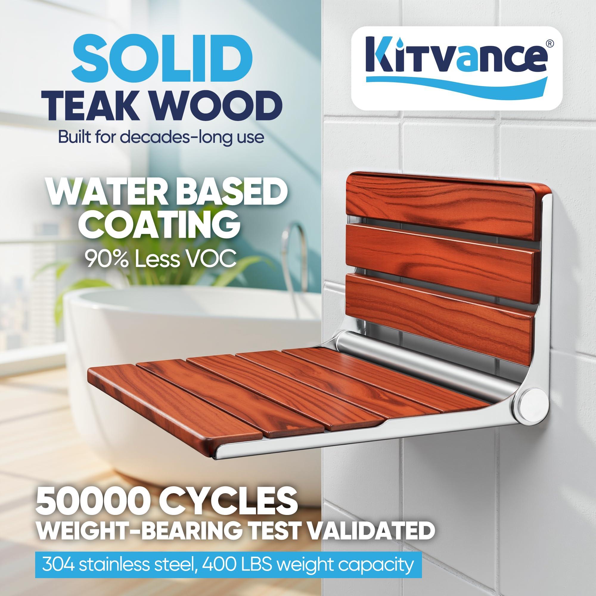 Durtschi Upgraded 19" ADA Compliant Folding Teak Shower Seat Wall Mounted - Larger Teak Shower Bench, Home Care Folding Shower Seat for Inside Shower, Wall Mount Shower Chair Shower Stool, Max Load 400lb