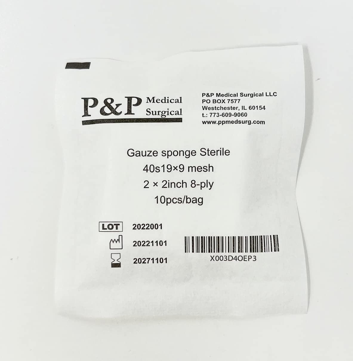 P&P Medical Surgical Gauze Surgical Sponges Cotton STERILE Woven 8-ply High Grade Quality 2\"x2\" Class I(a) All Purpose Pads Box of 100
