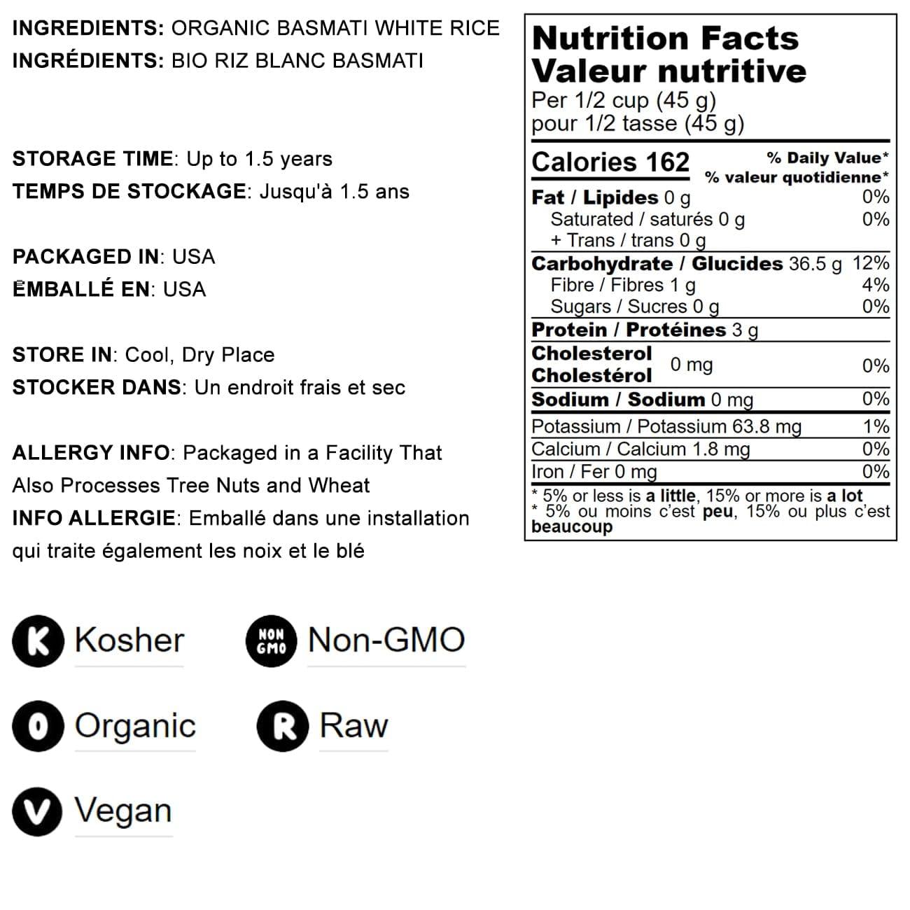 Food to Live Food to Live Organic White Basmati Rice, 3 Pounds Non-GMO, Long-Grain Rice Variety, Fragrant, Kosher, Vegan, Bulk. Non-Irradiated. Less Starch. High in Dietary Fiber. Great for Indian Dishes.
