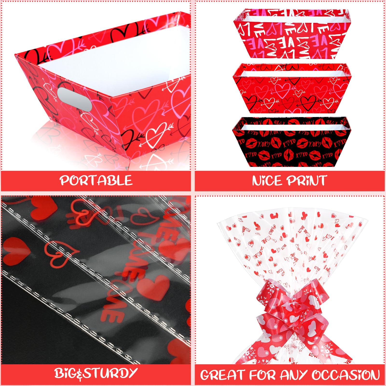 Hallswl 12 Set Valentines Day Empty Gifts Baskets Bulk with Cellophane Basket Bags and Bows Ribbons,Love Heart Market Tray Cardboard Gift Basket Empty to Fill for Valentine\'s Day Birthday Wedding Decor