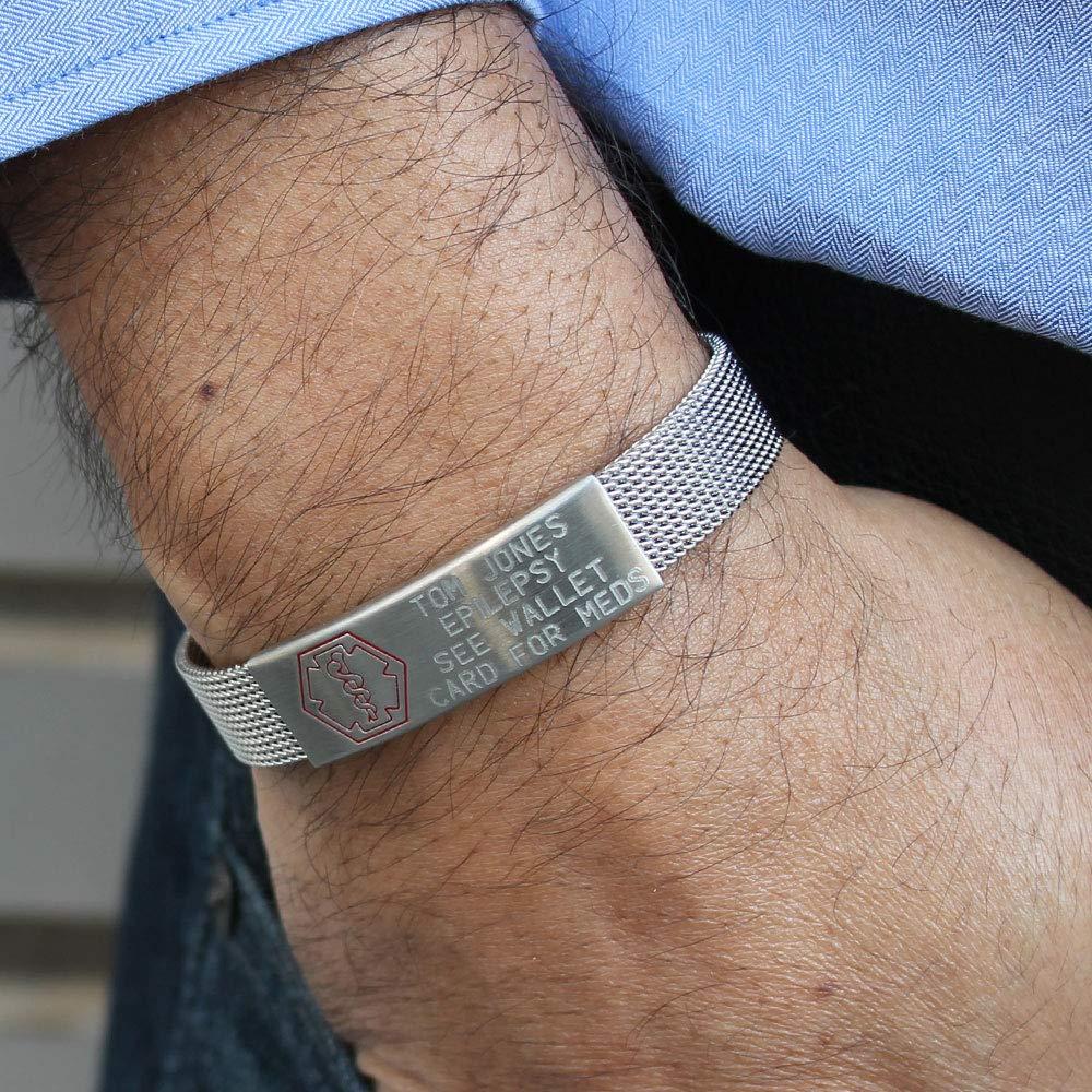 American Medical ID American Medical ID – Sleek Mesh Medical Alert ID Bracelet – Surgical Stainless Steel, Adjustable ID Band Sizing & Clasp, 4 Lines Personalized Engraving Included