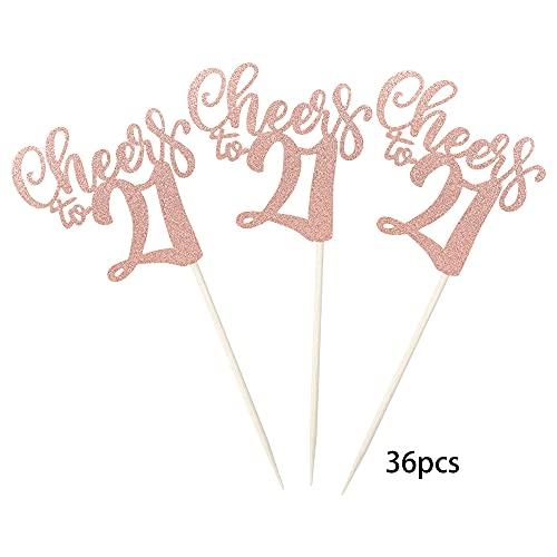 ZHUOWEISM 36 PCS Cheers to 21 Cupcake Toppers Glitter 21th birthday Cupcake Picks Decorations for 21th Wedding Anniversary Birthday Party Supplies Rose Gold
