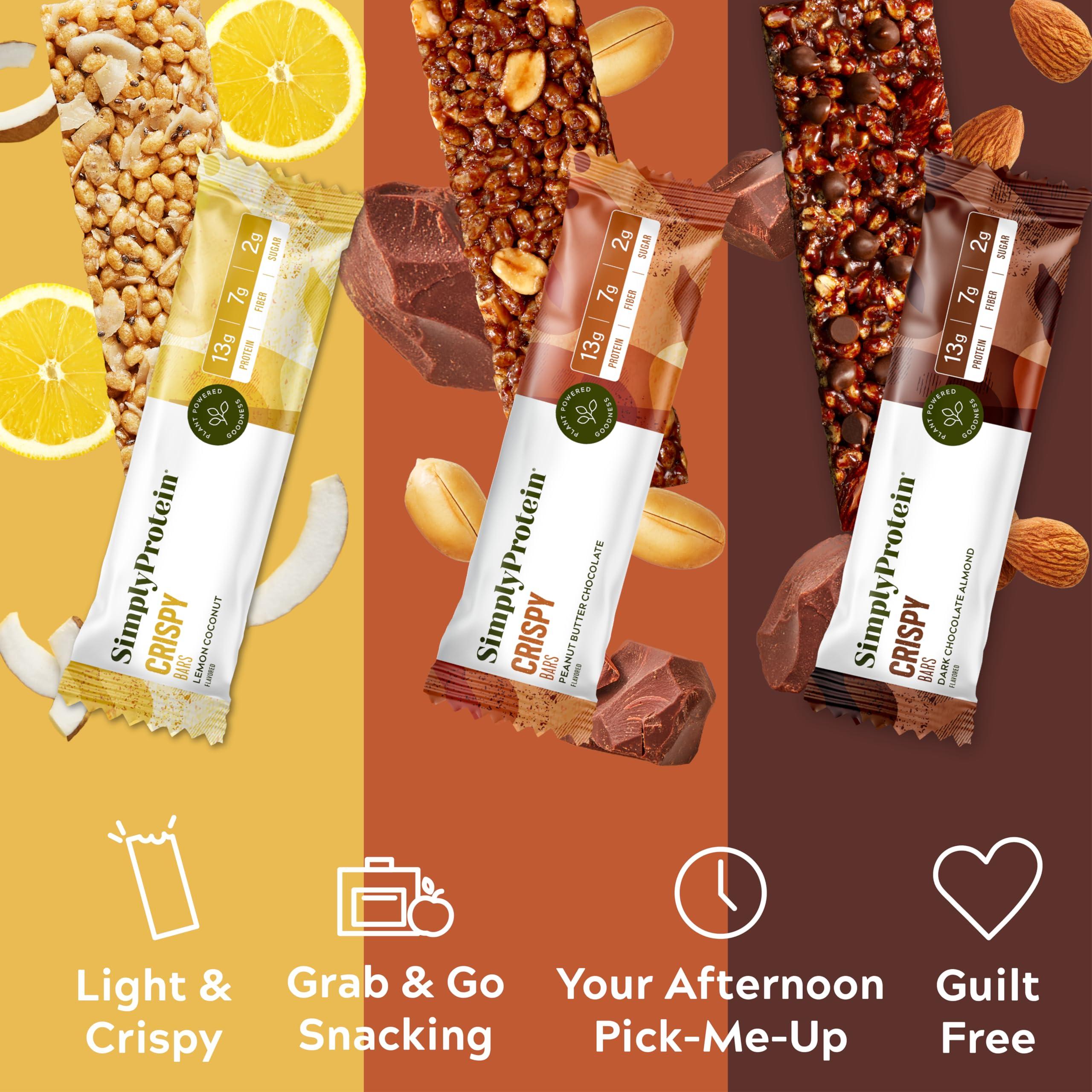 Simply Protein Simply Protein - Crispy Vegan Protein Bars Variety Pack, 3 Flavors - Plant Based, Protein Snacks - 13g Protein, 2g Sugar, 7g Fiber - Gluten Free, Non GMO, Kosher - 12 Bars, 3 Boxes