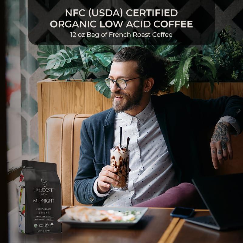 LIFEBOOST LIFEBOOST Midnight Coffee French Roast Coffee Ground - Single Origin USDA Organic Low Acid Coffee French Roast - Non-GMO Ground Coffee - Third Party Tested For Mycotoxins & Pesticides - 12 Ounces