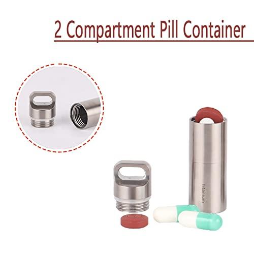 DXDUS Keychain Pill Holder Titanium Waterproof, Portable Pill Container Outdoor EDC Pill Case, Metal Travel Pill Box Medicine Storage, Discreet Pill Carrier with 2 Compartment, BPA Free