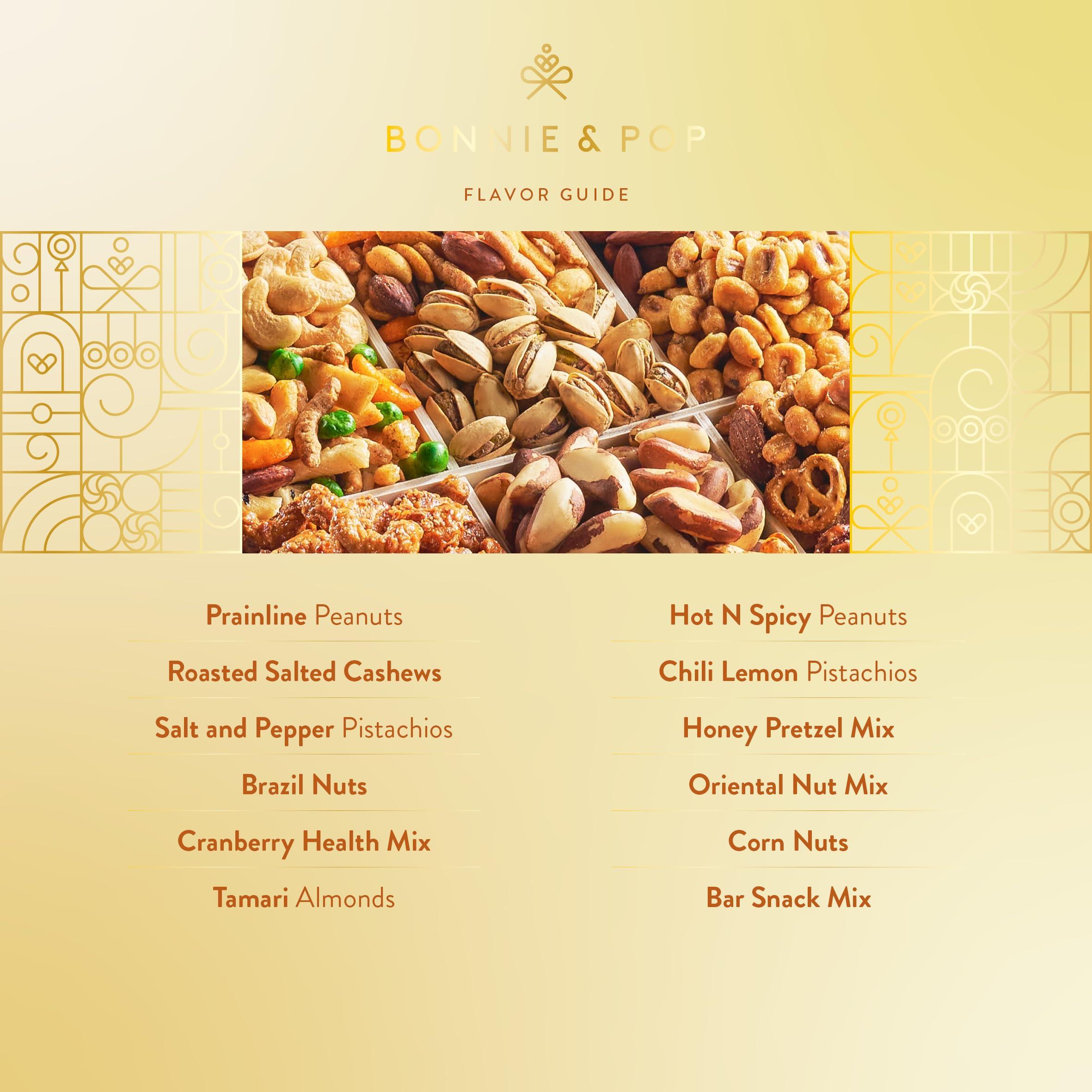 BONNIE AND POP Nut Gift Basket | Healthy Valentines Day Gift of Assorted Nuts in Reusable Wood Crate | Large Variety Tray with Unique Flavors | Parties, Holidays, Birthday, Sympathy, Office, Thank You, Him, Her | Bonnie & Pop