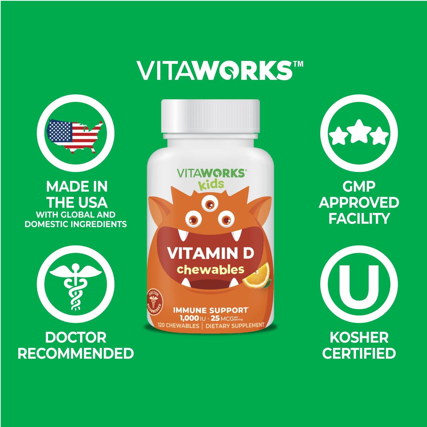 VitaWorks VitaWorks Kids Vitamin D 1000 IU Chewable Tablets - Tasty Natural Orange Flavor - Vegan, GMO-Free, Gluten Free, Nut Free Vitamins - Dietary Supplement for Immune Support - for Children - 120 Chewables
