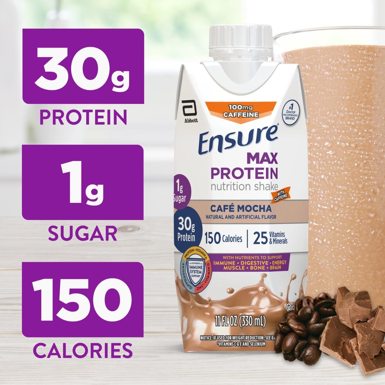 Ensure Ensure Max Protein Shake | Caf Mocha | Meal Supplement Shake | Ready to Drink | 30g Protein for Muscle Building | 1g Sugar, 4g Fiber | 11 fl oz - 12 Pack