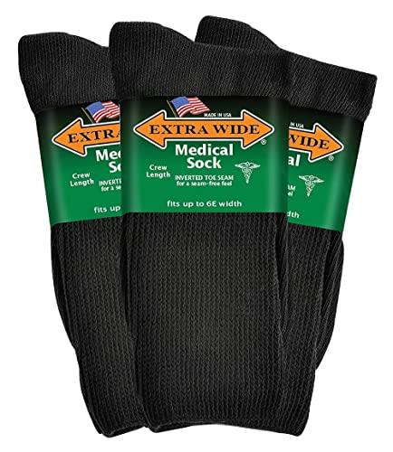 Extra-Wide Sock Company Extra Wide Medical Mid Calf Crew (Pack of 3), Diabetic Socks, Made in USA, for Men and Women (Large, Black)