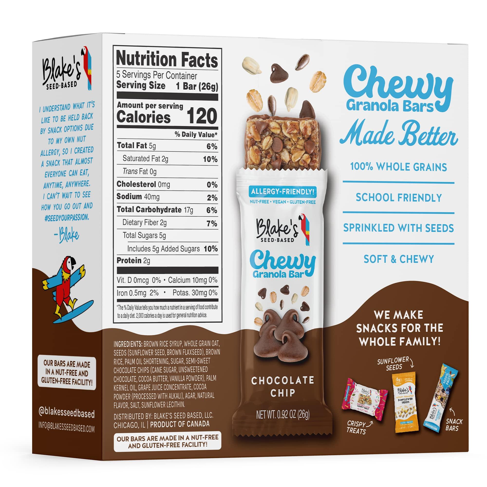 Blake's Seed Based Blake’s Seed Based Chewy Granola Bars — Chocolate Chip (5 Count), Vegan, Gluten Free, Nut Free & Dairy Free, Healthy Snacks for Kids or Adults, School Safe, Low Calorie Soy Free Snack